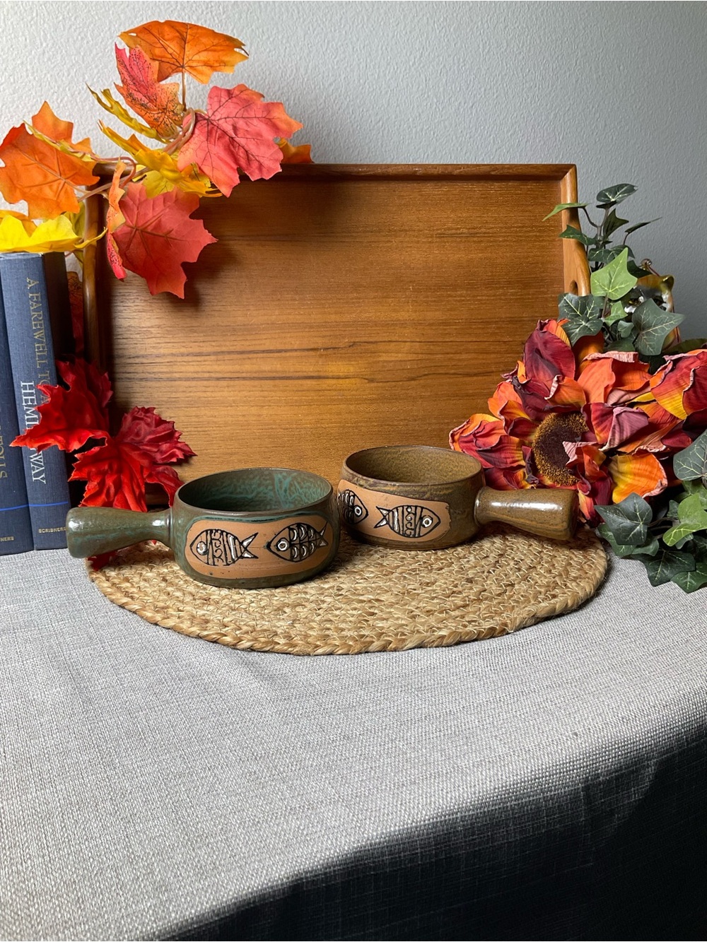 Set of 2 Vintage Japan Fish Stoneware Soup Crock Bowls